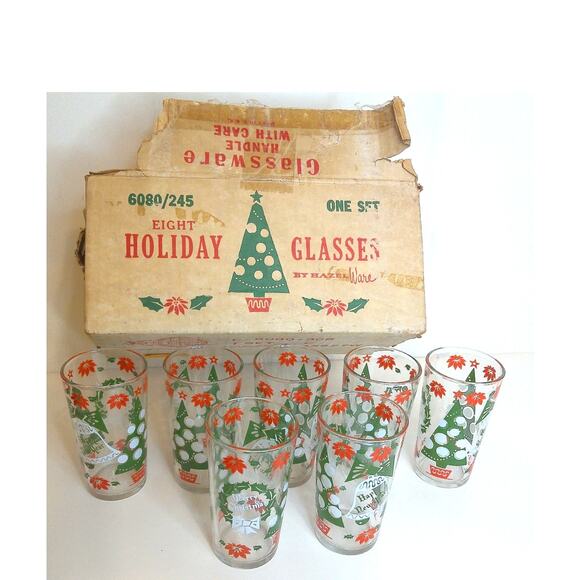 Vintage Hazel Atlas Tumblers Merry Christmas Happy New Year With Box SET OF 7 - Picture 1 of 6